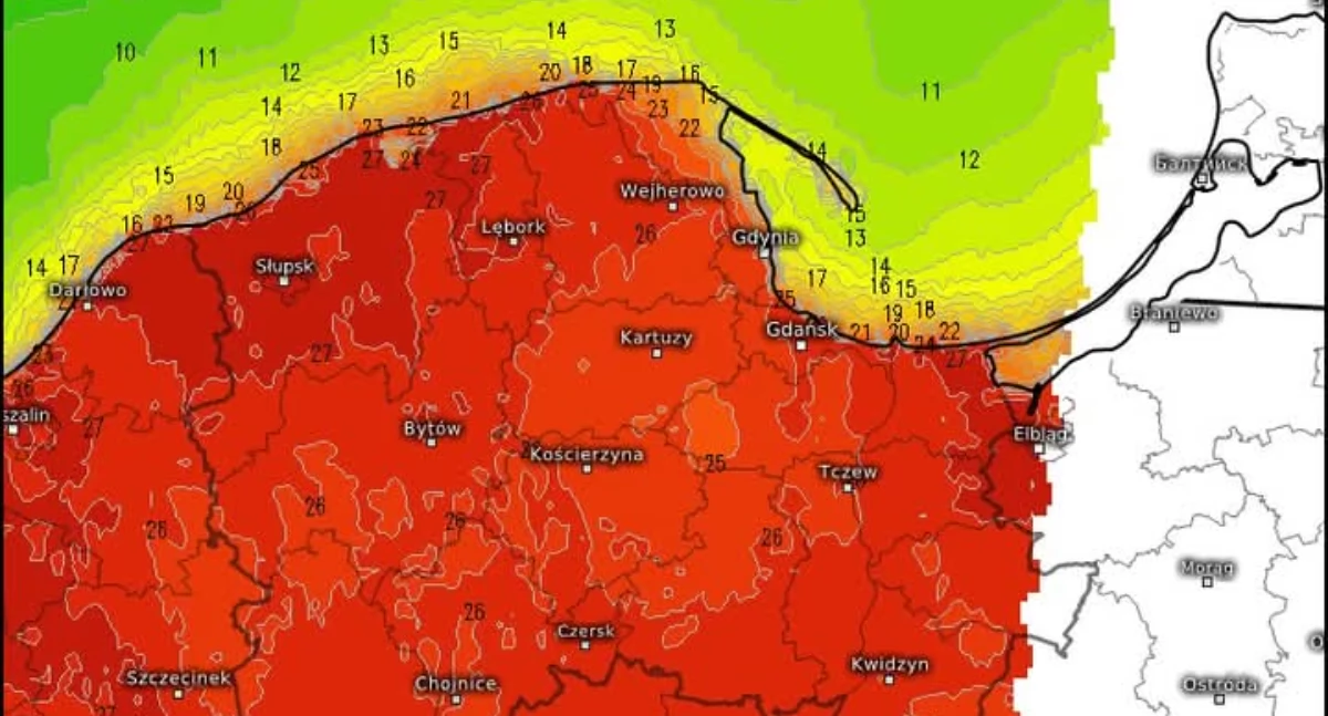 obraz: Meteologix, prognoza temperatury na czwartek godz. 17:00, model ICON-D2