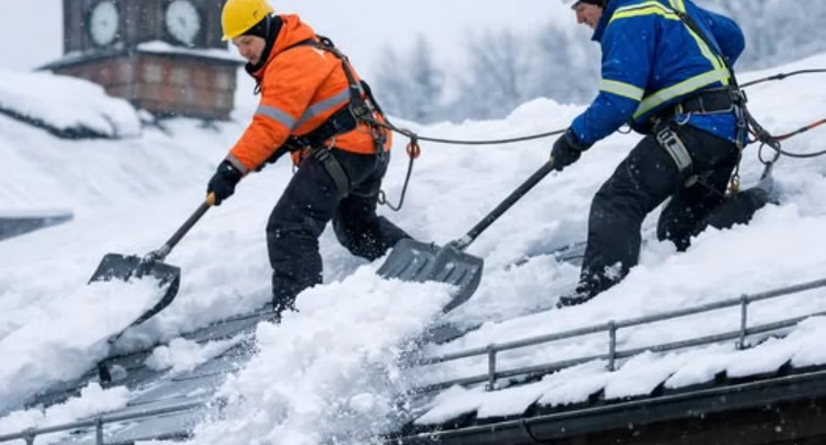 Służby w akcji, Zimowe zagrożenie głowami mieszkańców ostrzeżenie właścicieli budynków - zdjęcie, fotografia
