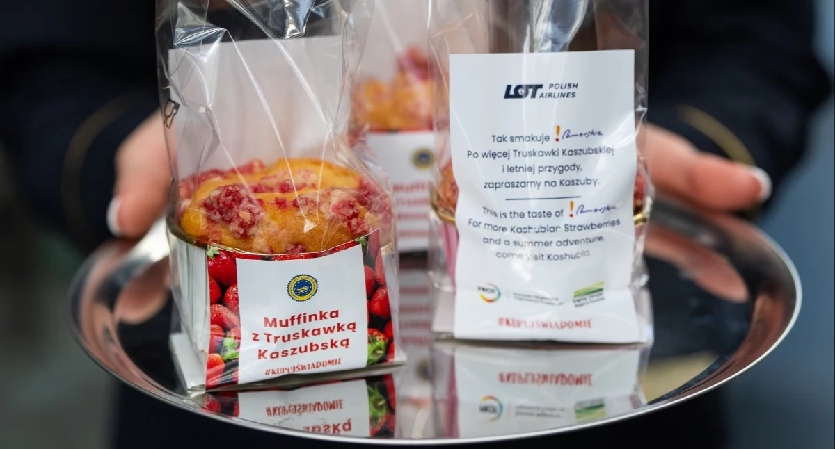 Wieści z samorządów, Truskawka Kaszubska rusza podbój nieba Promocyjna akcja lotnisku pokładach samolotów - zdjęcie, fotografia
