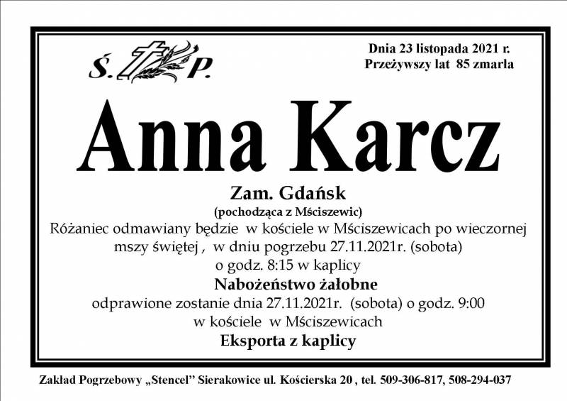 ŚP Anna Karcz nekrolog