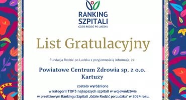 Szpital Powiatowy w Kartuzach w czołówce rankingu „Gdzie Rodzić po Ludzku”